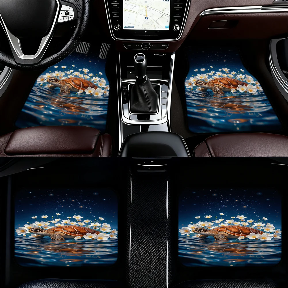 4pcs Car Floor Mats Adorned With Sea Turtle Floral Beauty Motif, Compatible With Sedans Or Minivans, Featuring Cleaning-Friendly