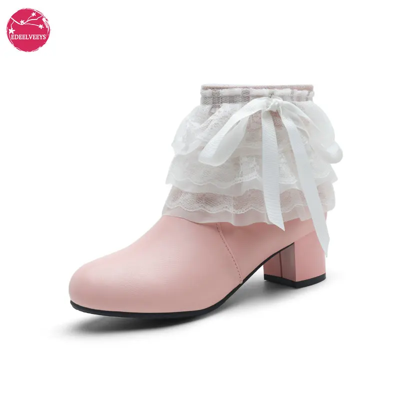 

Women's Lace Trimmed Lolita Princess Ankle Boots, Essential for Cosplay, Lace Turned-up Edges Fairy Tale Look Shoes Size 31-45