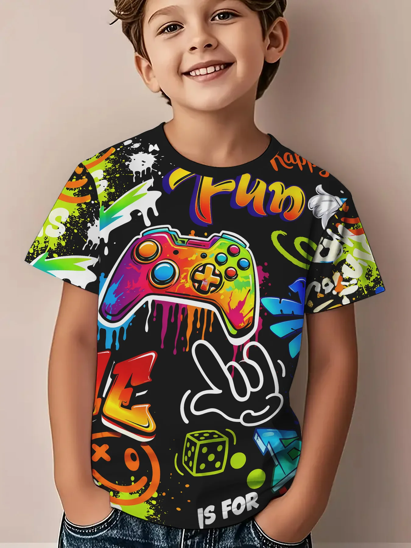 Children Fashion Game Controller Print T‑Shirt, Little Boys Gamer Splash Street‑Art Short Sleeve Crew Neck Casual Daily Tee