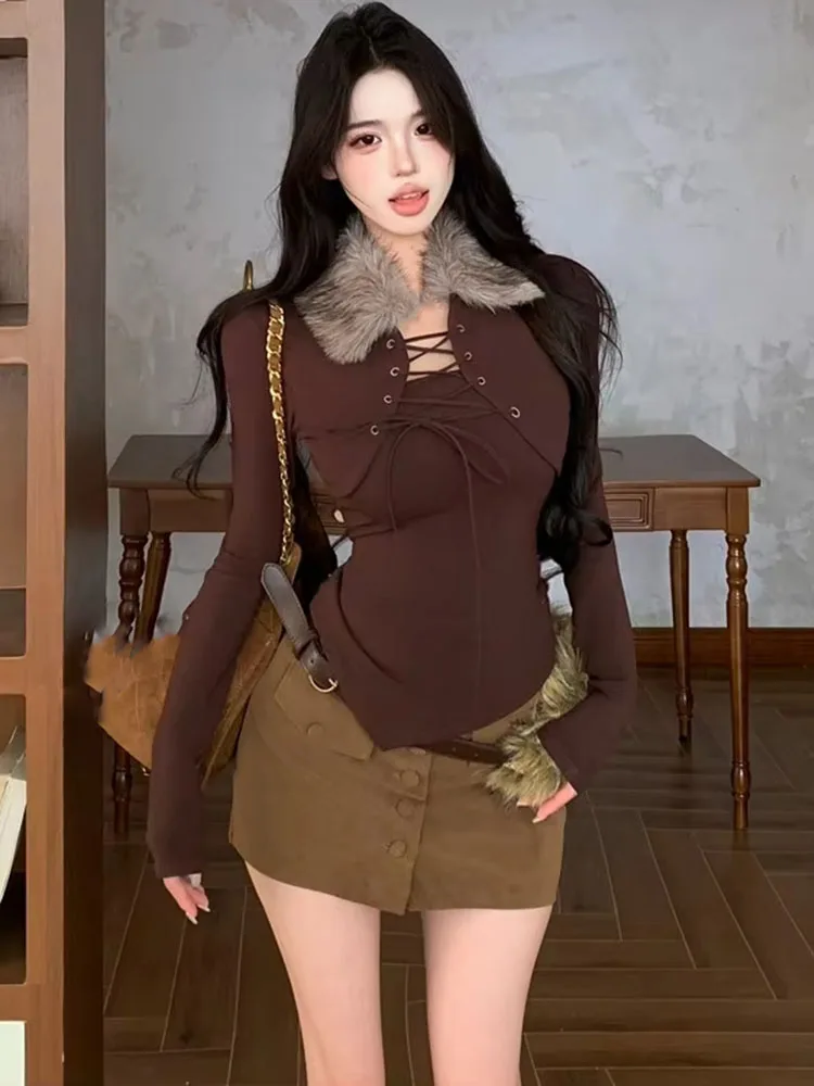 Women Soft Spice Girl Faux Fur Collar Tie‑up Long Sleeve T‑shirt Slim Fit Asymmetrical Design Stretch Base Layer Top