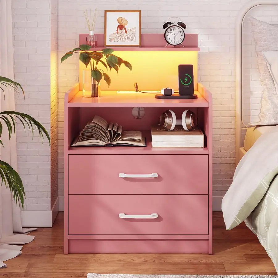 

LED Nightstand with Charging Station, Night Stand with 2 Drawers and Open Storage, Bedside Table with LED Lights, Modern End Ta
