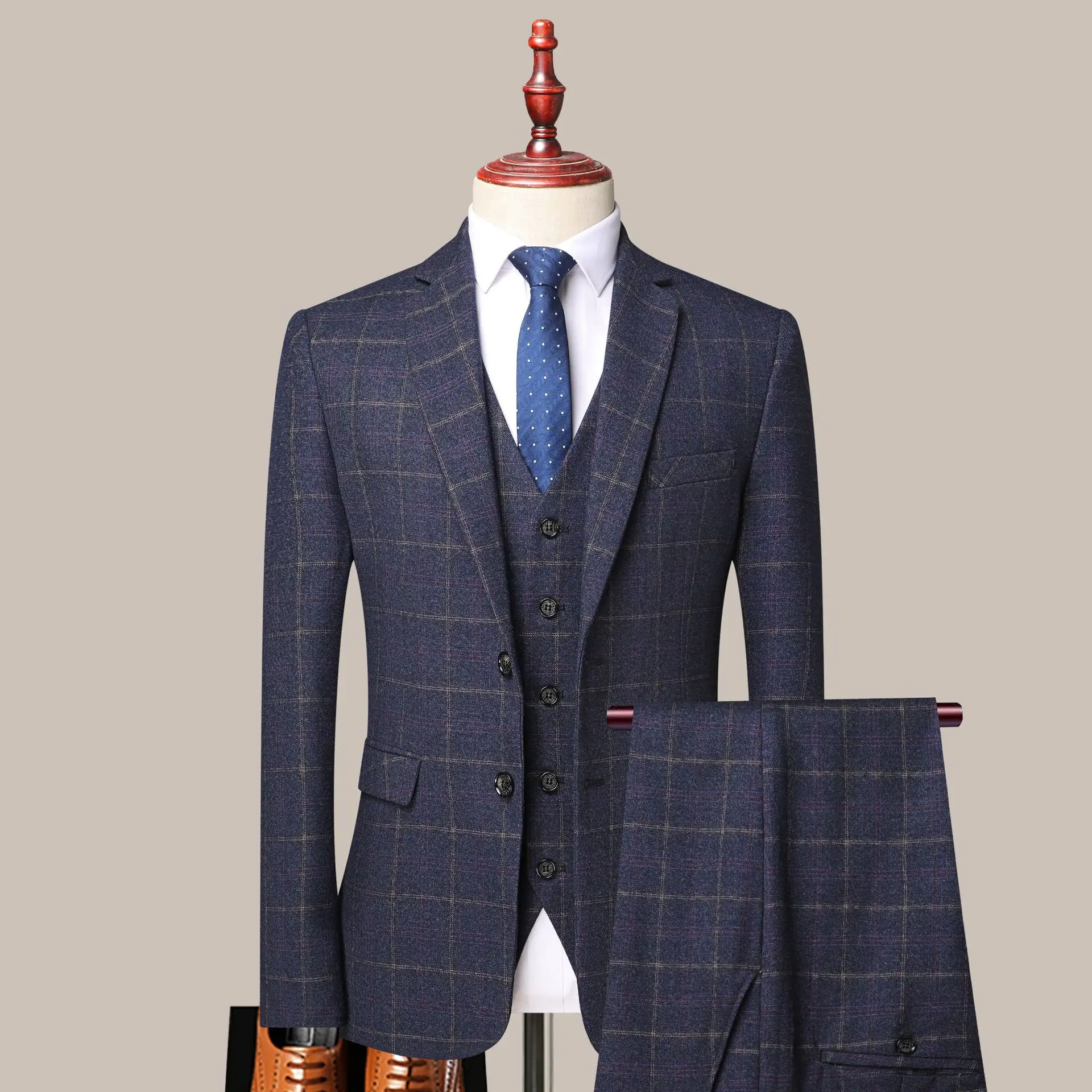 

Men's Suits Fashion 3 Pieces Plaid Formal Business Suit Boutique Slim For Wedding Dress 2022 Jacket + Vest + Pants