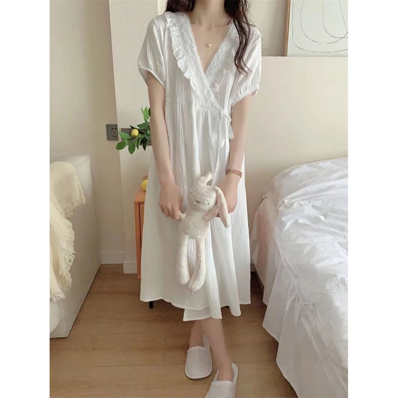 Lace Women Nightgown V-neck Sleepwear Summer Night Dress Short Sleeve One Piece Pajamas Korean Solid Tie Home Wear Robe 2024 New