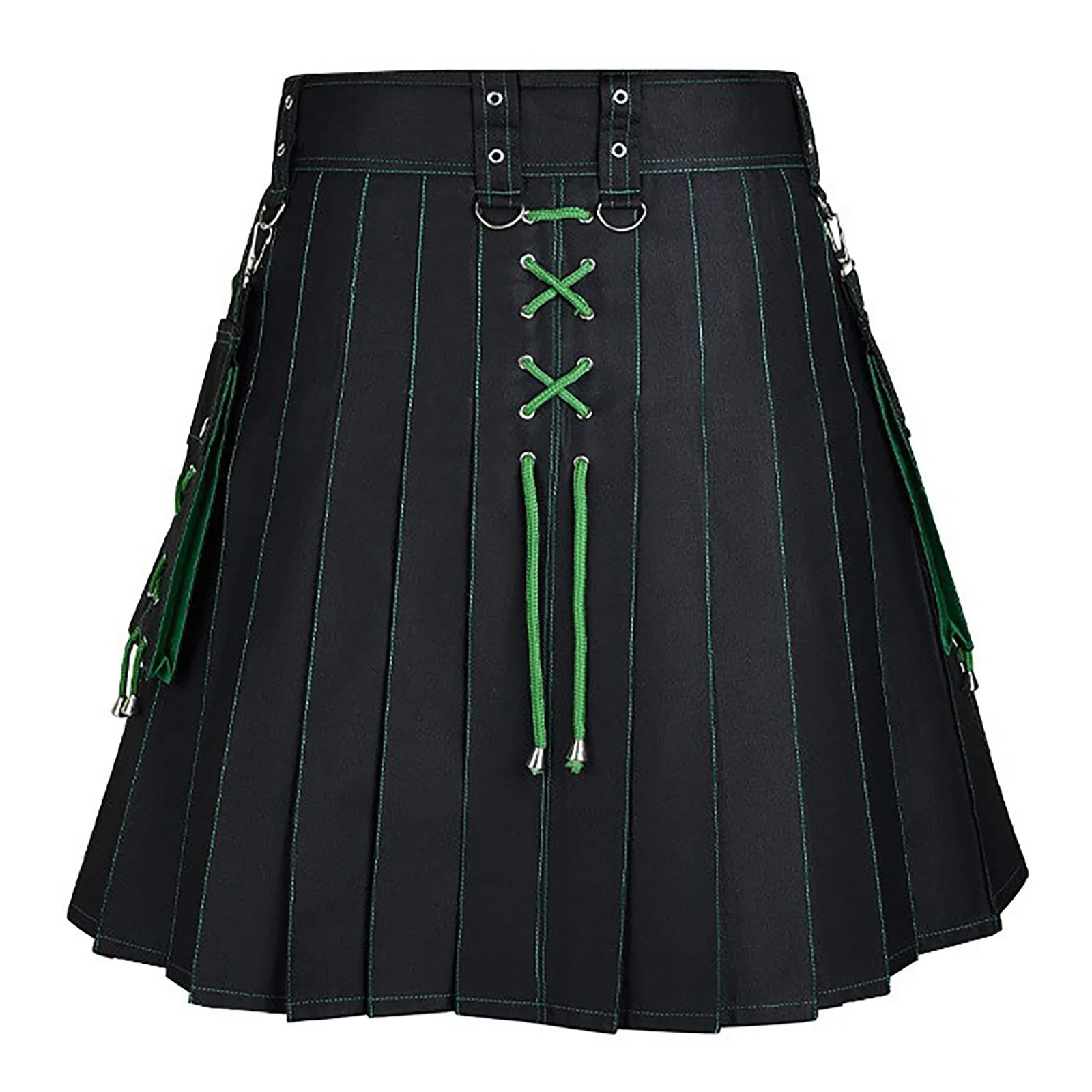 Falda Escocesa Hombre Two Flap Pockets Snap Securing Strap Kilt Men Color Medieval Pleated Skirt Black Cotton & Tartan Utility