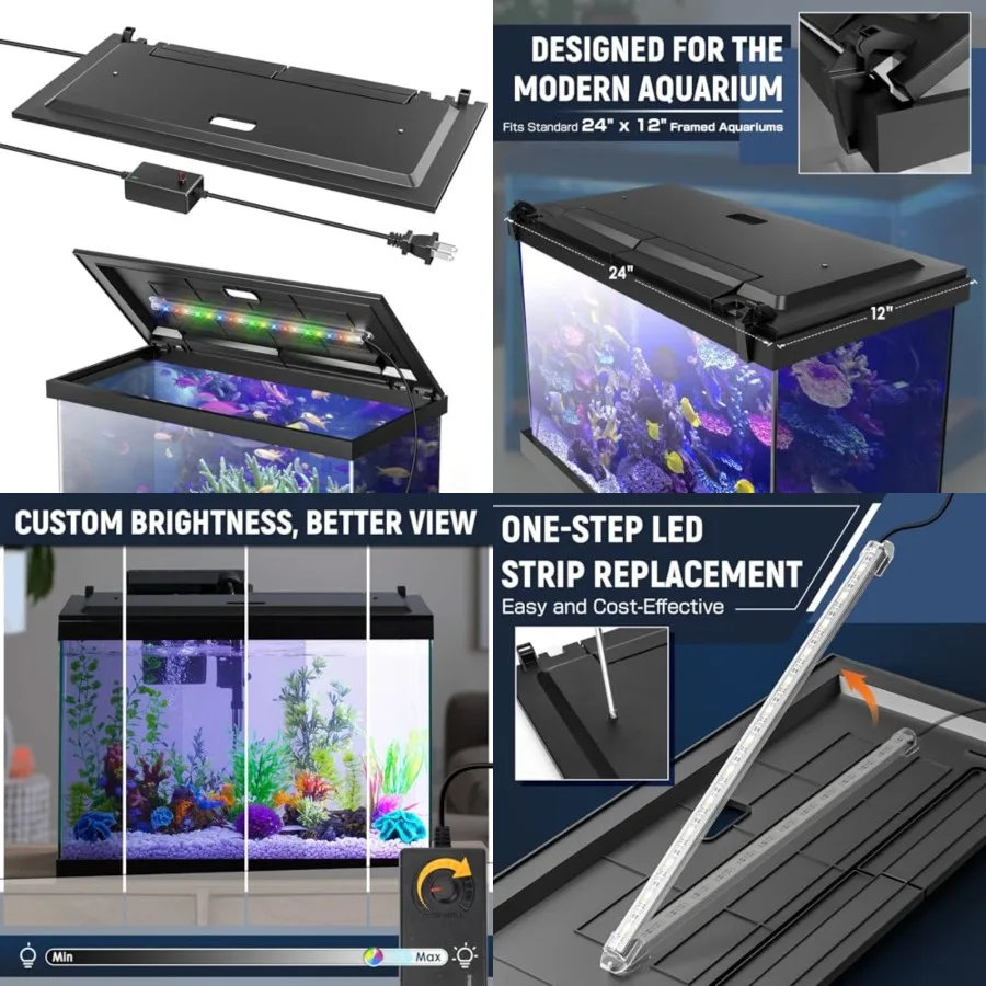 LED Aquarium Hood, Fish Tank Cover with Adjustable-Brightness Colored Light Tubes, Replaceable Full-Length Bulb, Fits 24-Inch F