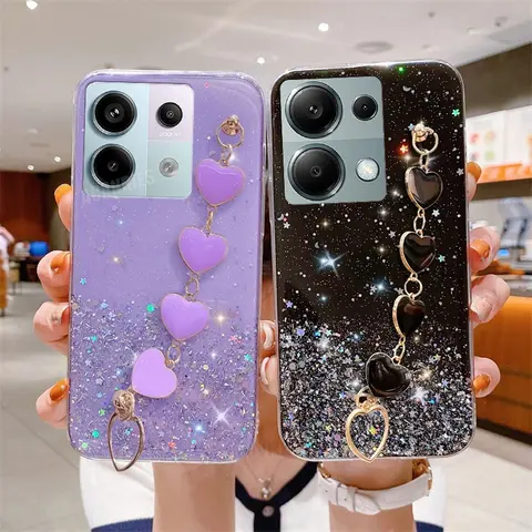 Note 13 Liebe Herz Handgelenk Kette Glitter Fall Auf Für Xiaomi Redmi Hinweis 13 Pro 4g 5g 13pro Plus 12 12pro 13c Armband Silikon Abdeckung