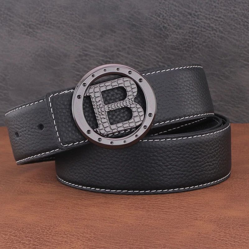 

Leisure B Letter Smooth Buckle Round Head Belt Men's Leather Young People Wide Belt Cowboy Versatile Fashion Personality Belt