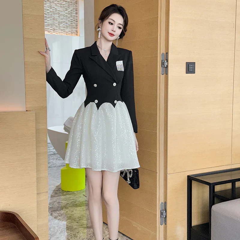 Spring Autumn Clothing New Celebrity Temperament Suit Collar High Waist Splicing Sequined Puffy Dress Women A Line Dress