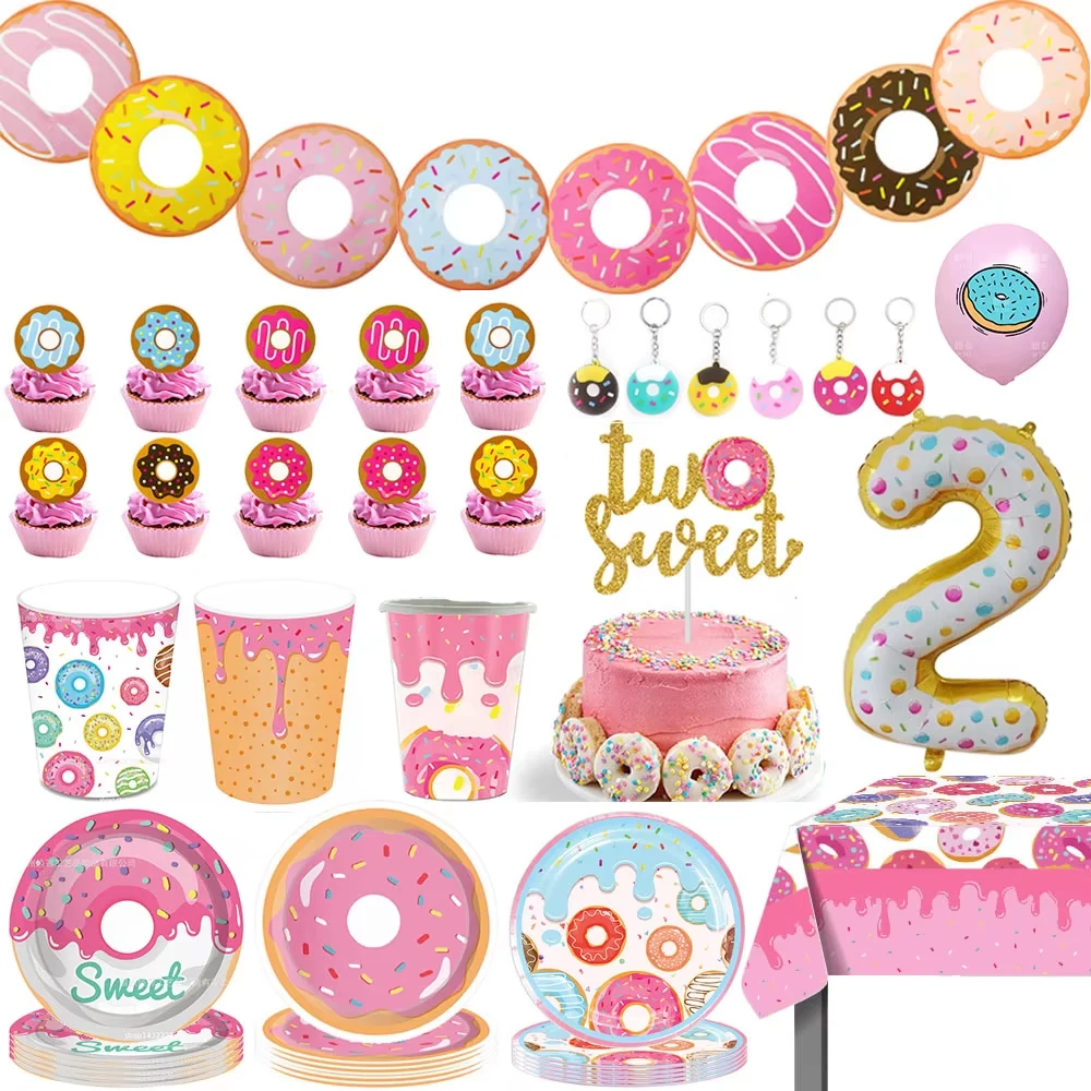 2. Geburtstagsdekorationen für Mädchen, zwei süße Geburtstagsparty-Dekorationen, Banner, Luftballons, Einweggeschirr, Donuts, Mottoparty-Zubehör – Detail 1