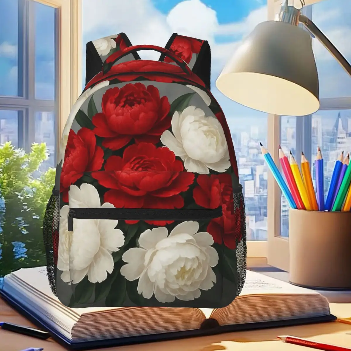 

Elegant Red And White Peony Floral Nightgarden Backpack Student Boys Girls BookBag Kids School Bag Computer Shoulder Bags