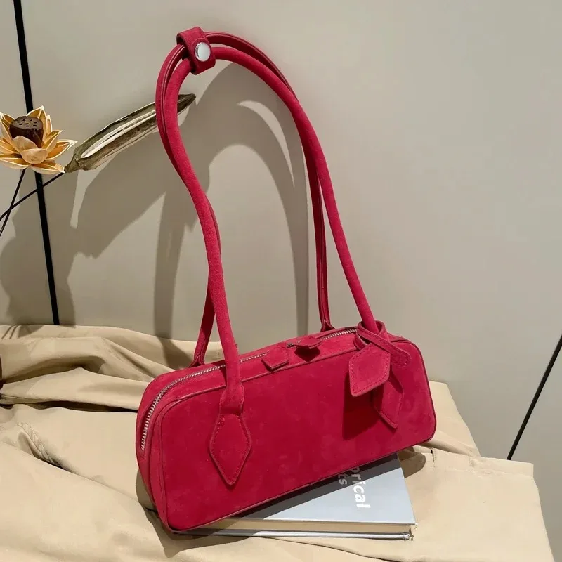 Faux Suede Zipper Solid Color Bowling Shoulder Bags Hot Sale Fashion Ladies Bags 2025 Hot Sale Simple Versatile Tote Bag