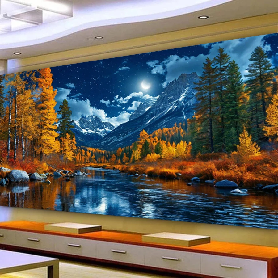 Mountain Forests River Landscape Large Size Diy Diamond Arts Painting Scenery Full Square Round Drill Mosaic Embroidery Picture