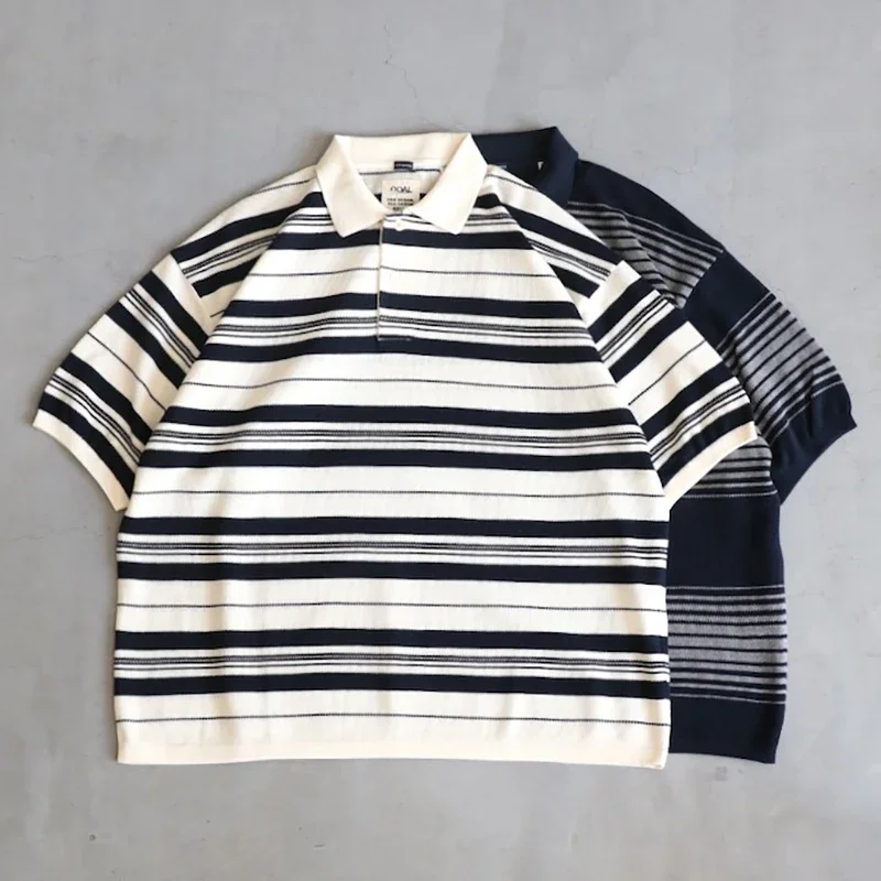 

Men Vintage Striped Polo Shirt Japanese Loose Drop Shoulder Short Sleeve Casual Streetwear Lapel Collar Oversized Tee Tops