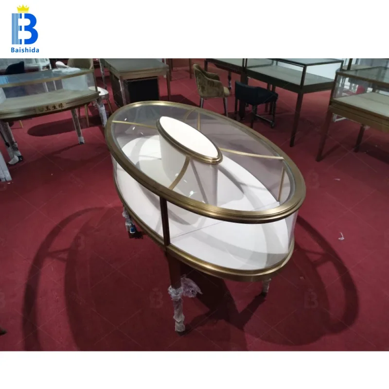 custom.Custom Designed Retail Stainless Steel Jewelry Showcase Special Oval Shaped Jewelry Island Booth Showroom Use