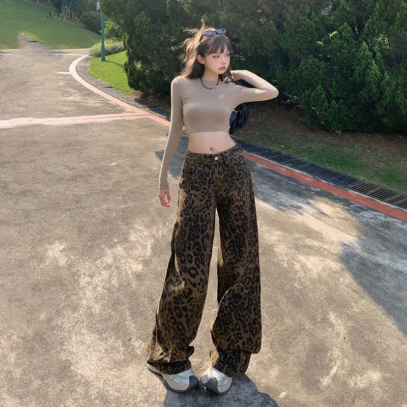 

Street style cool girl leopard print wide-leg loose jeans for women2025New casual straight-leg pants for the year