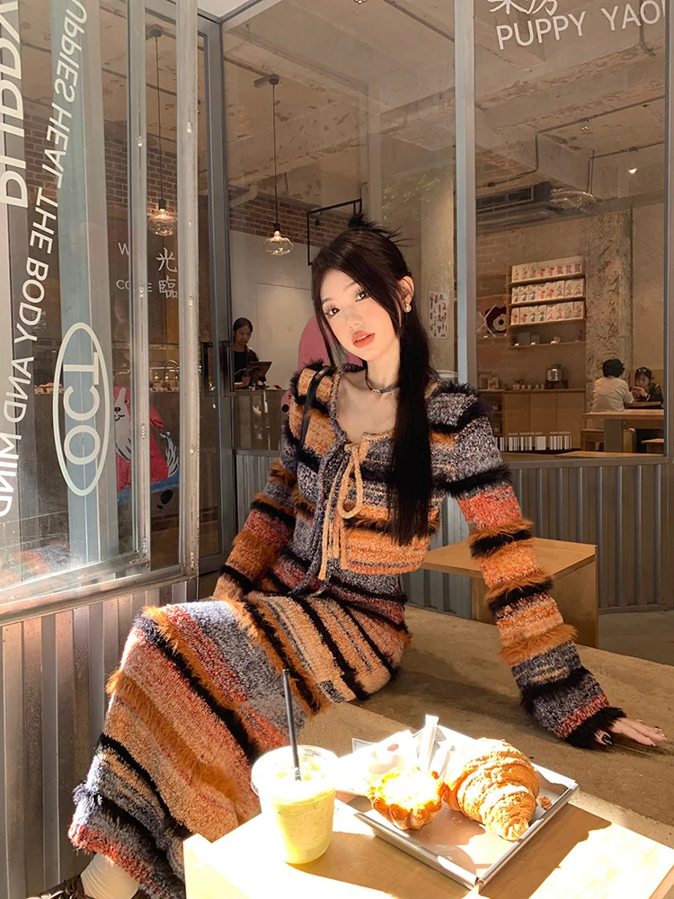 

Sexy Long-sleeved Cardigan Women Striped Knit Sling Dress Two-piece Suit Korean style Spring Autumn New Streetwear 2026 new