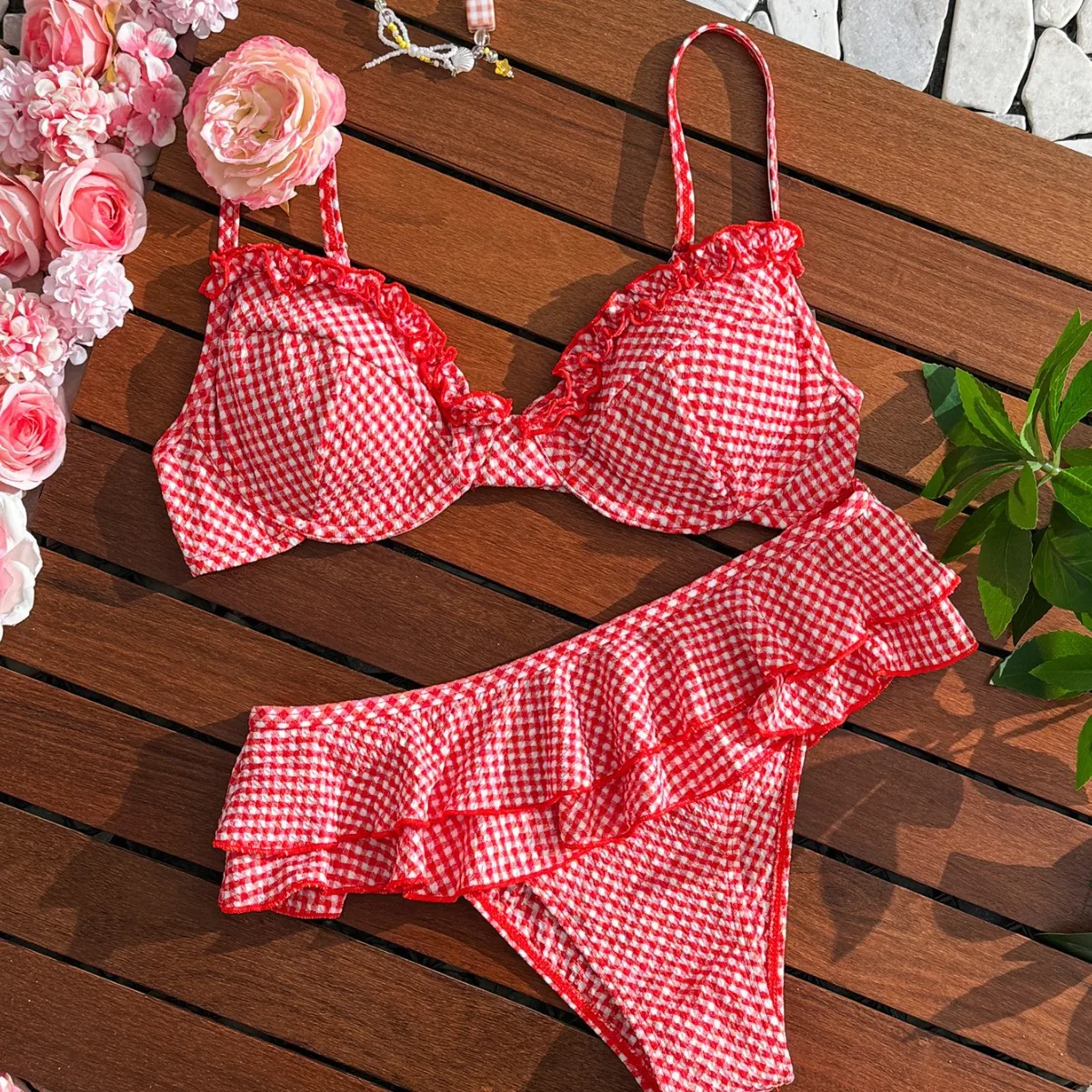Conjunto de bikini vintage a cuadros para mujer, traje de baño con volantes, bikini con aros y copas acolchadas, doble capa con volantes, traje de baño de playa