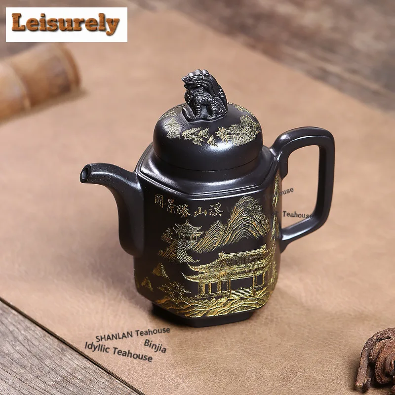 

290ml Traditional Yixing Purple Clay Teapots Handmade Engraved Pot Raw Ore Stone Yellow Mud Kettle Chinese Zisha Tea Set Gifts