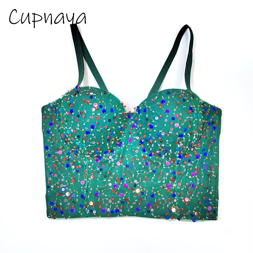 

Cupnaya Colorful Sequins Embroidered Women Sexy Bustier Green Nude Pad Push-Up Short Corset Soft Comfortable Cute Crop Top