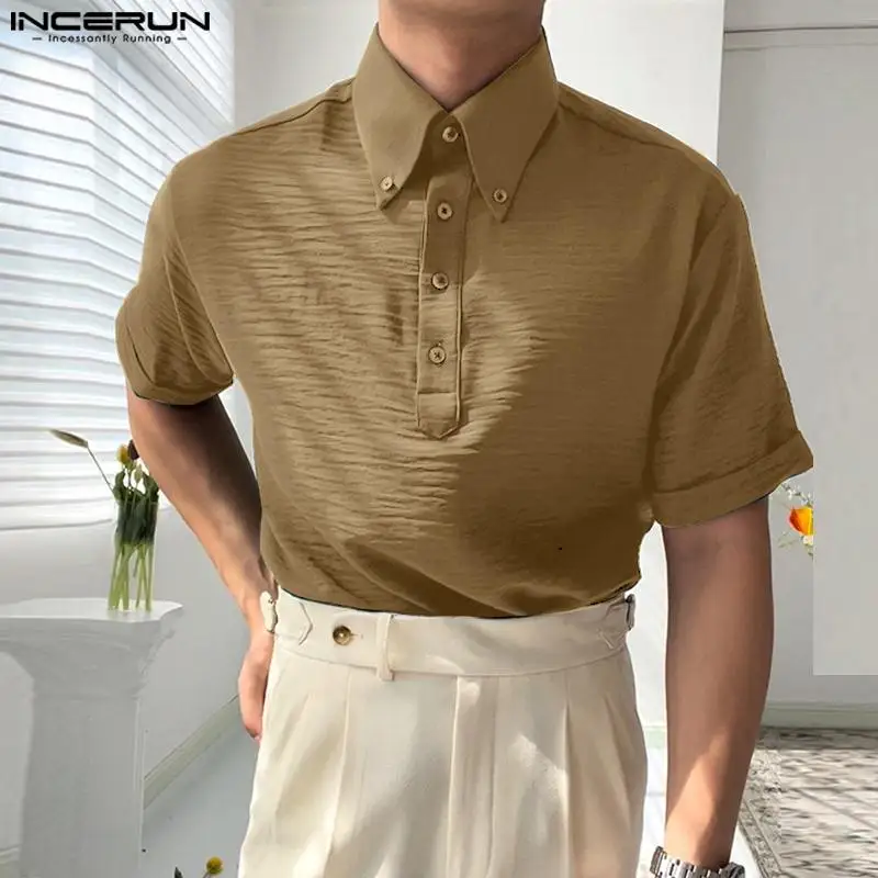 Handsome Well Fitting Tops INCERUN Men's Lapel Collar Design Blouse Casual Fashiona Male Solid Simple Short Sleeved Shirts S-5XL