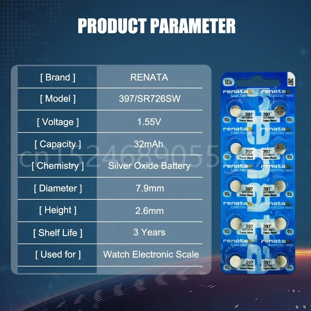 1,55 В, оригинальный новый аккумулятор Renata 397 SR726SW AG2 LR726 396A 196 SR59W из оксида серебра для калькулятора, часов, весов, наушников