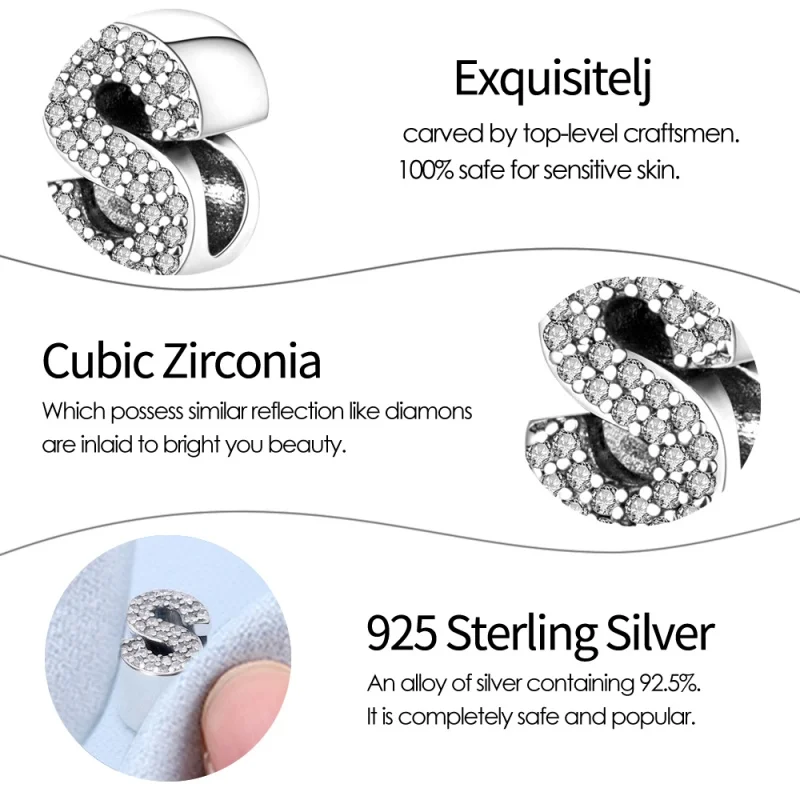 Sterling Silver 'S' Letter Charm Bead - Cubic Zirconia Detail