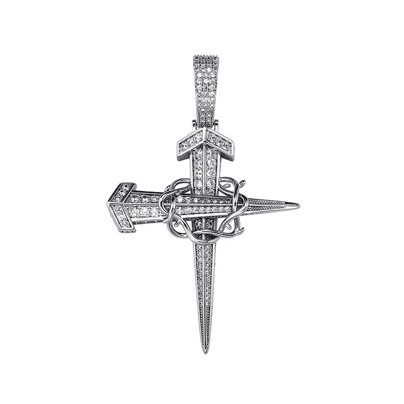 Hip Hop AAA+ CZ Stone Paved Bling Iced Out Vine Entanglement Nail Cross Pendants Necklaces for Men Rapper Jewelry Gift