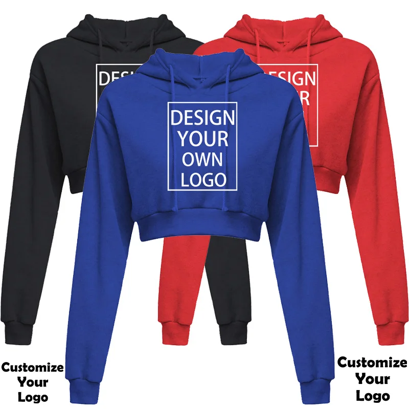 Customized Fashion Womens Sexy Casual Long Sleeve Hooded Short Sweatshirt Plain Crop Tops Pullover Hooded Sweatshirt