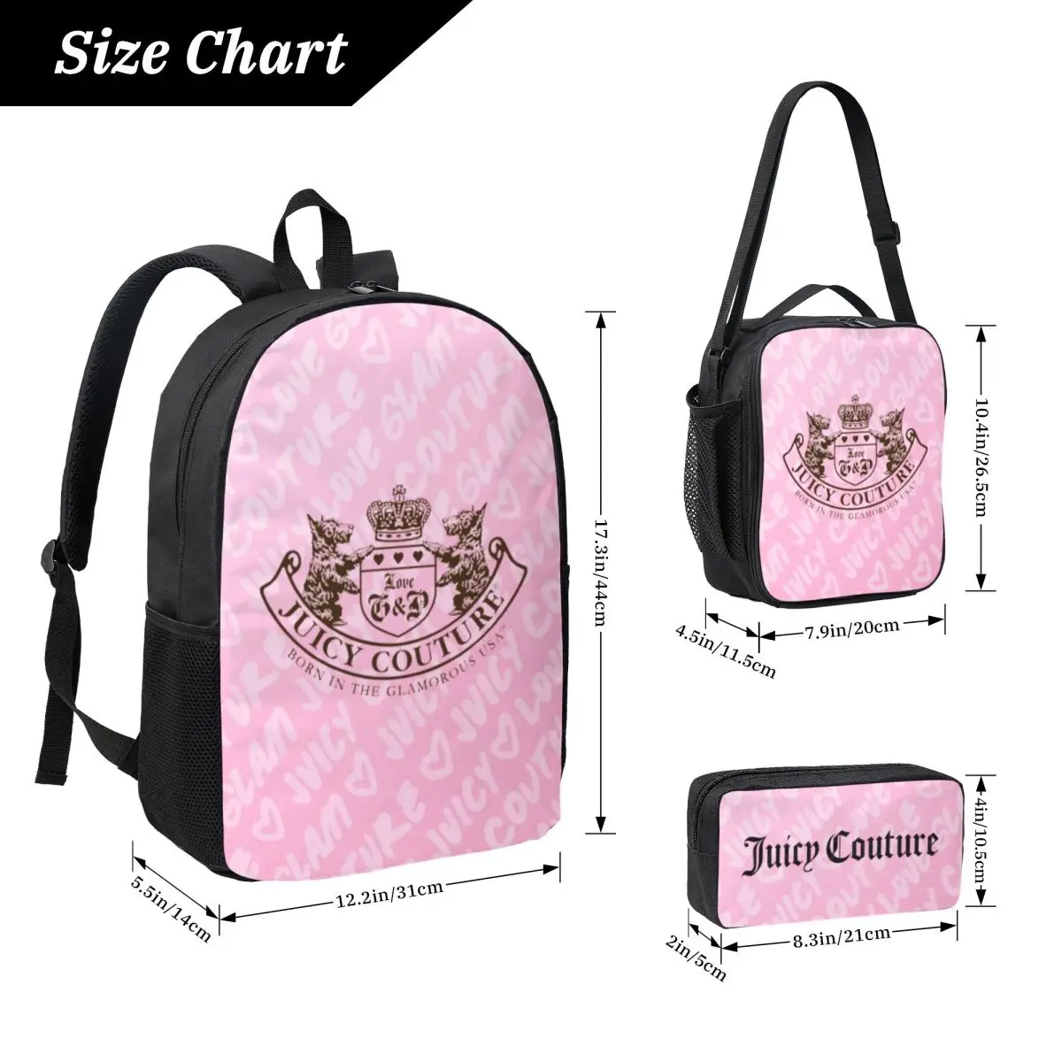 Fashion-Like-Juicy-C-Couture 3PC-Set New 3D printed student backpack large capacity clutch bag shoulder bag pencil bag Lunch Bag