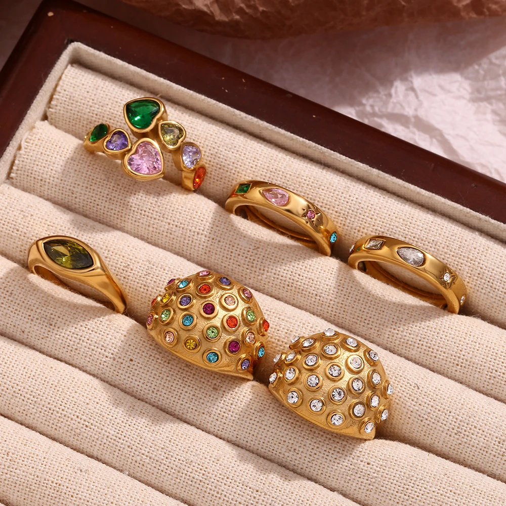 E.B.belle Rectangular Water Droplet Geometric Zircon Bubble Round Top Horse Eye Seal Heart White Colorful Stainless Steel Ring