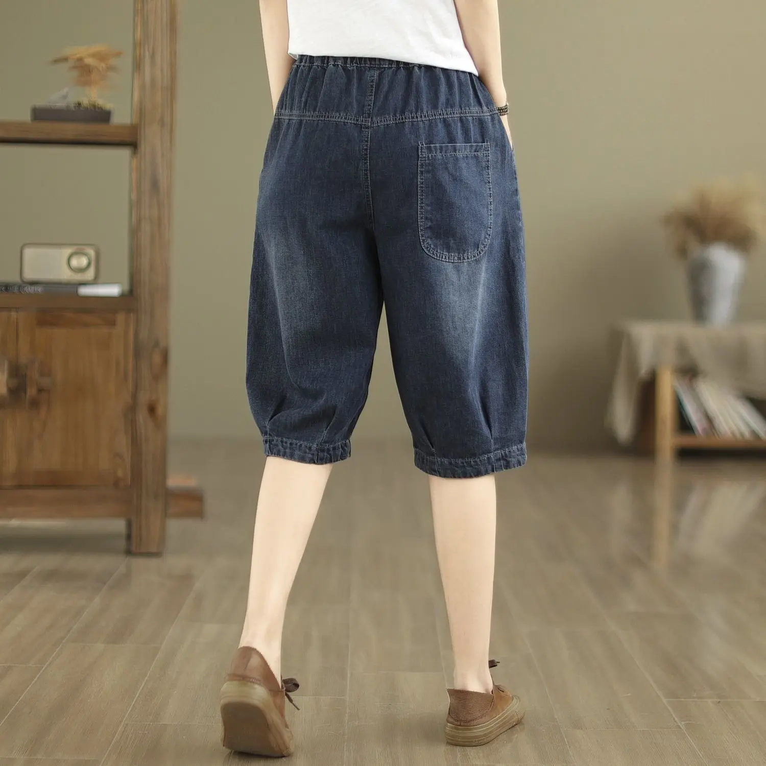 Summer Thin Casual Elastic Waist Jeans Ladies Fashion Loose Pocket Quarter Pants Women Clothes All-match Patchwork Loose Harem