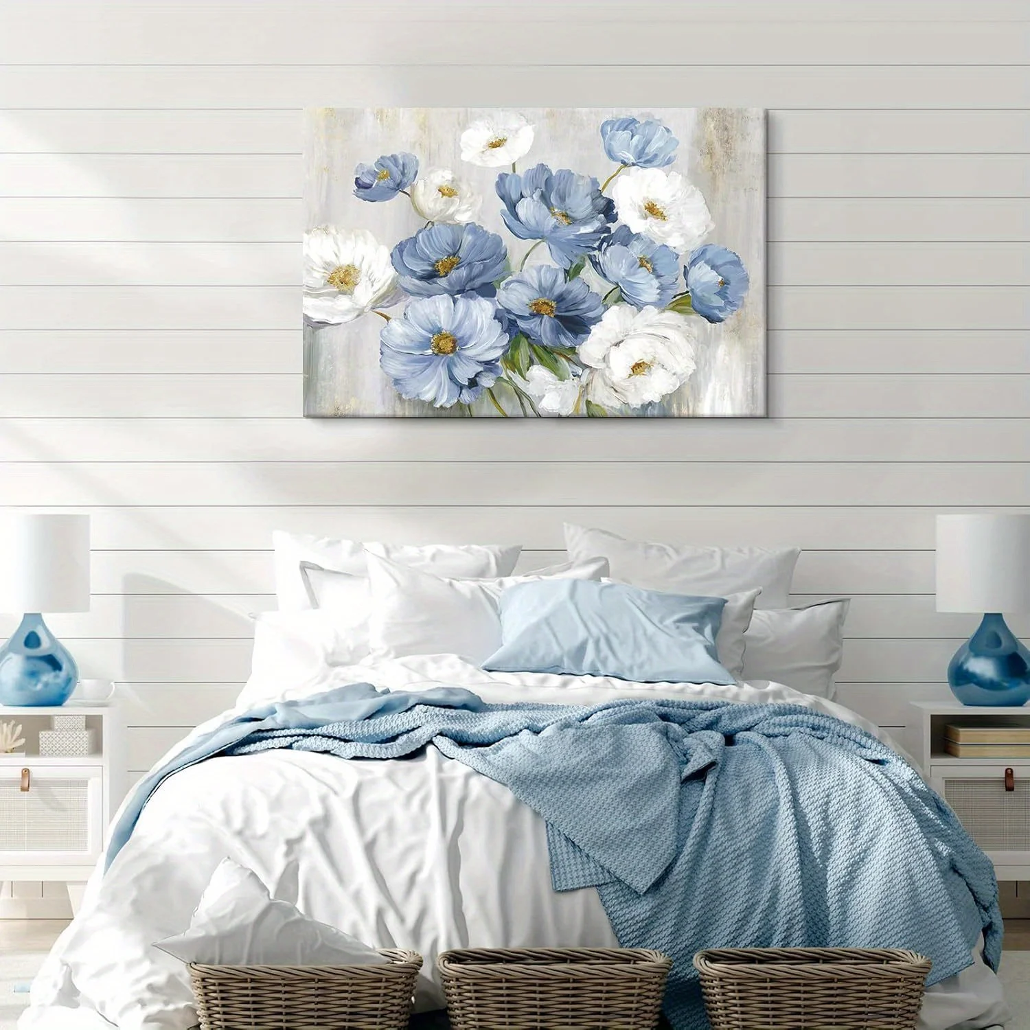 1PC Blue Flower Picture Wall Decor White Flower Wall Art for Living Room Canvas Framed Artwork Paintings Home Decoration