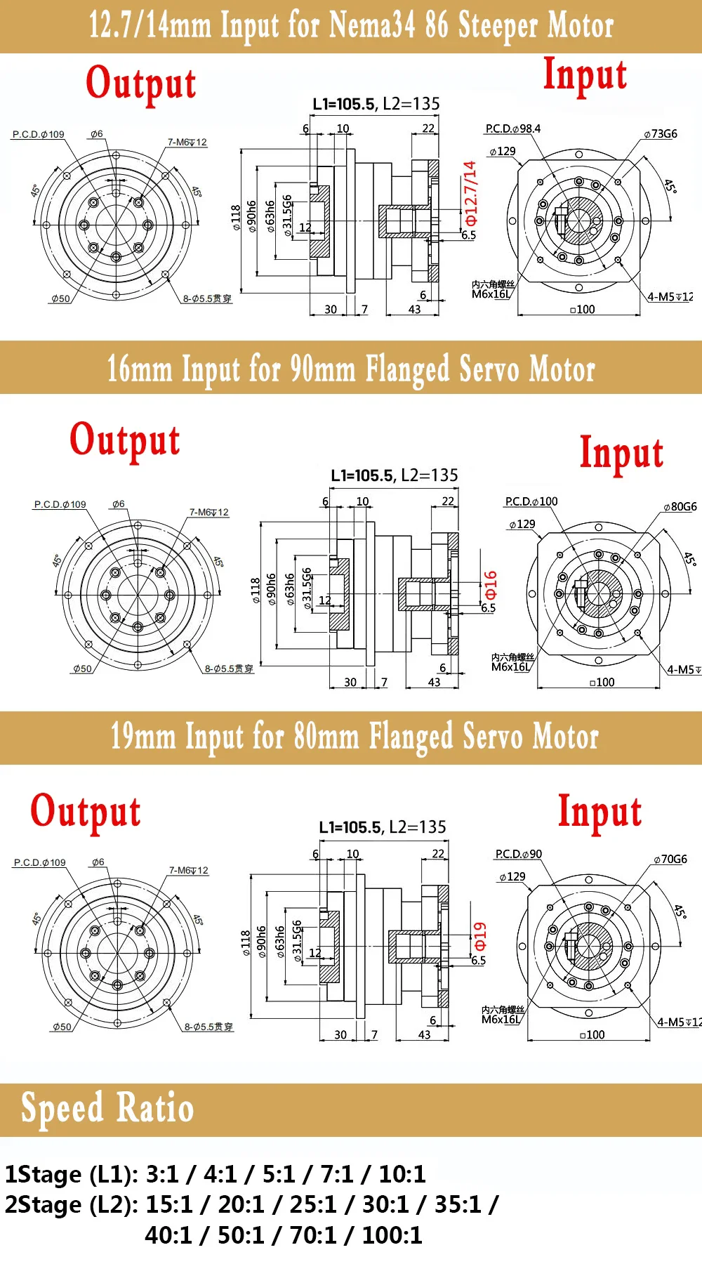 Helical Gear Planetary Gearbox for Nema34 Stepper 80/90mm Servo Motor DC CNC Round Flange Output Planetary Gearbox Gear 3arcmin