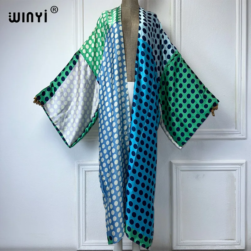 Winyi Kimono Vrouwen Dot Gradiënt Print Lange Mouw Vest Vrouwelijke Blouse Losse Abaya Strandkleding Cover Up Boho Dress Party Kaftan