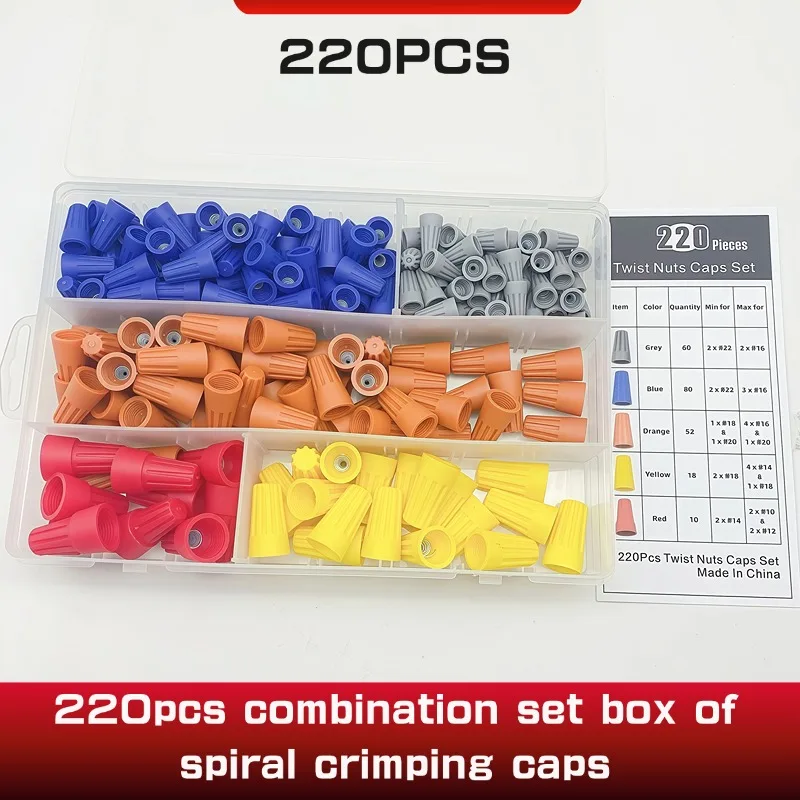 220PCS Fast Connector Spring Cap Crimp End Terminal AWG24-7 Insulated Electrical Insert Splice Rotating Wire Connection