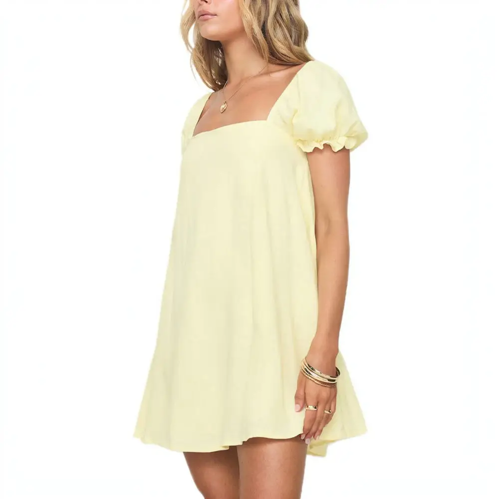 Trendy Women Summer Dress Puff Sleeve Off Shoulder Mini Sundress Cotton Solid Color Casual Slim Fit Beach Vacation