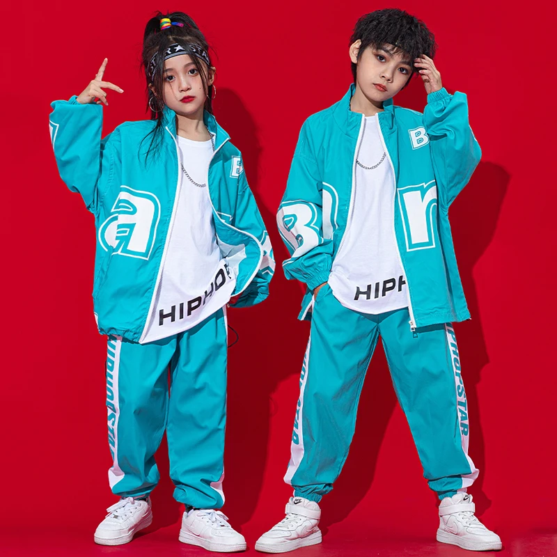 2023 Modern Jazz Dance Costumes For Kids Blue Loose Jacekt Hiphop Pants Suit Girls Streetwear Boys Hip Hop Rave Clothes DQS11614