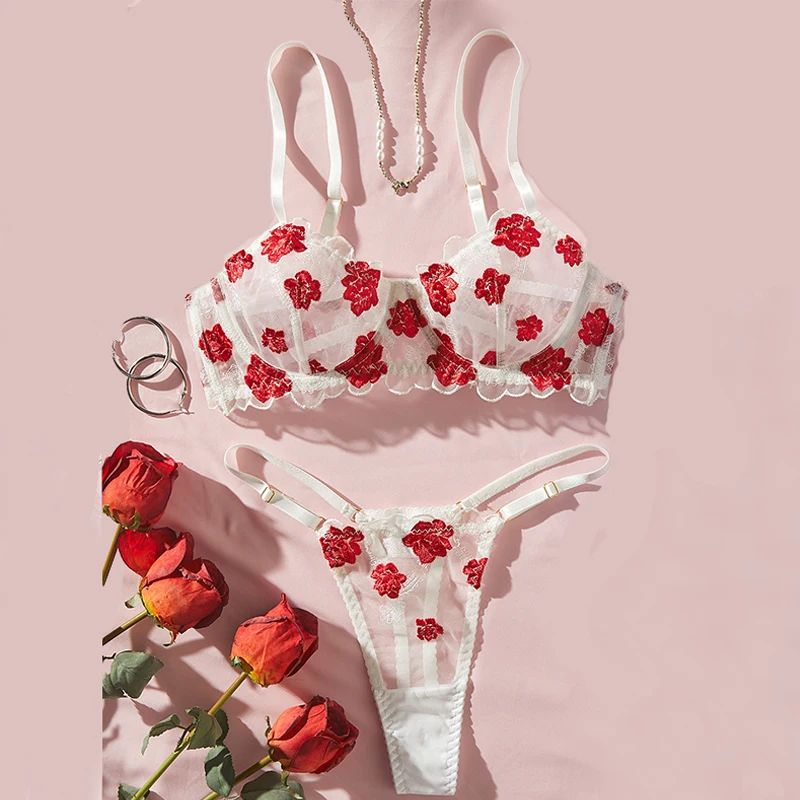 Female Underwear Red Flower Embroidery Bra and Panties Sets Mesh See through Lingerie Fantasy Intimate Three-Point Sexy Lingerie