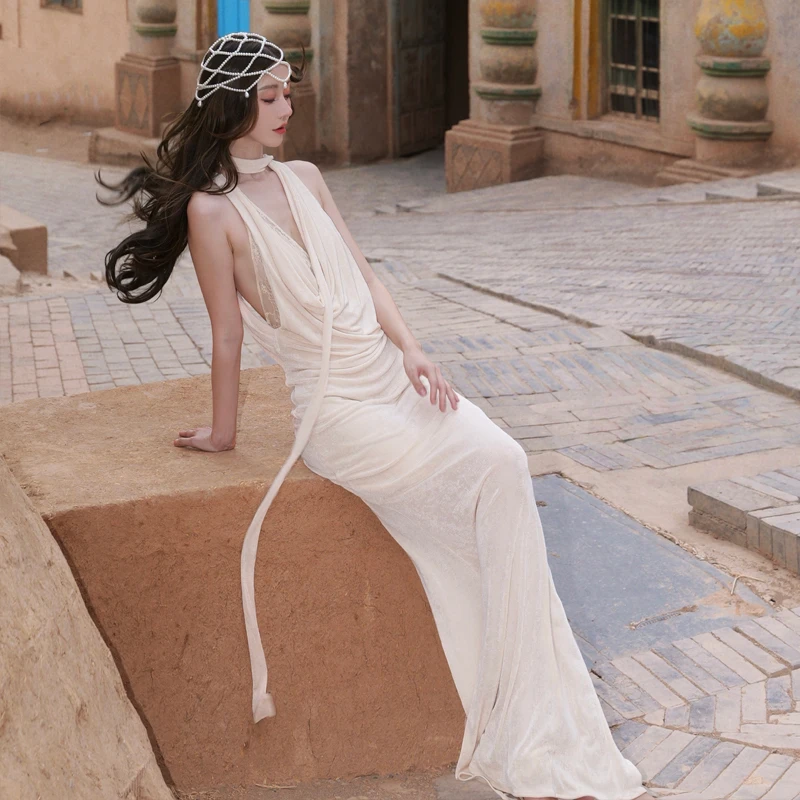 bohemian backless dress Backless Halter Pleated Chic dress I Love that Boho
