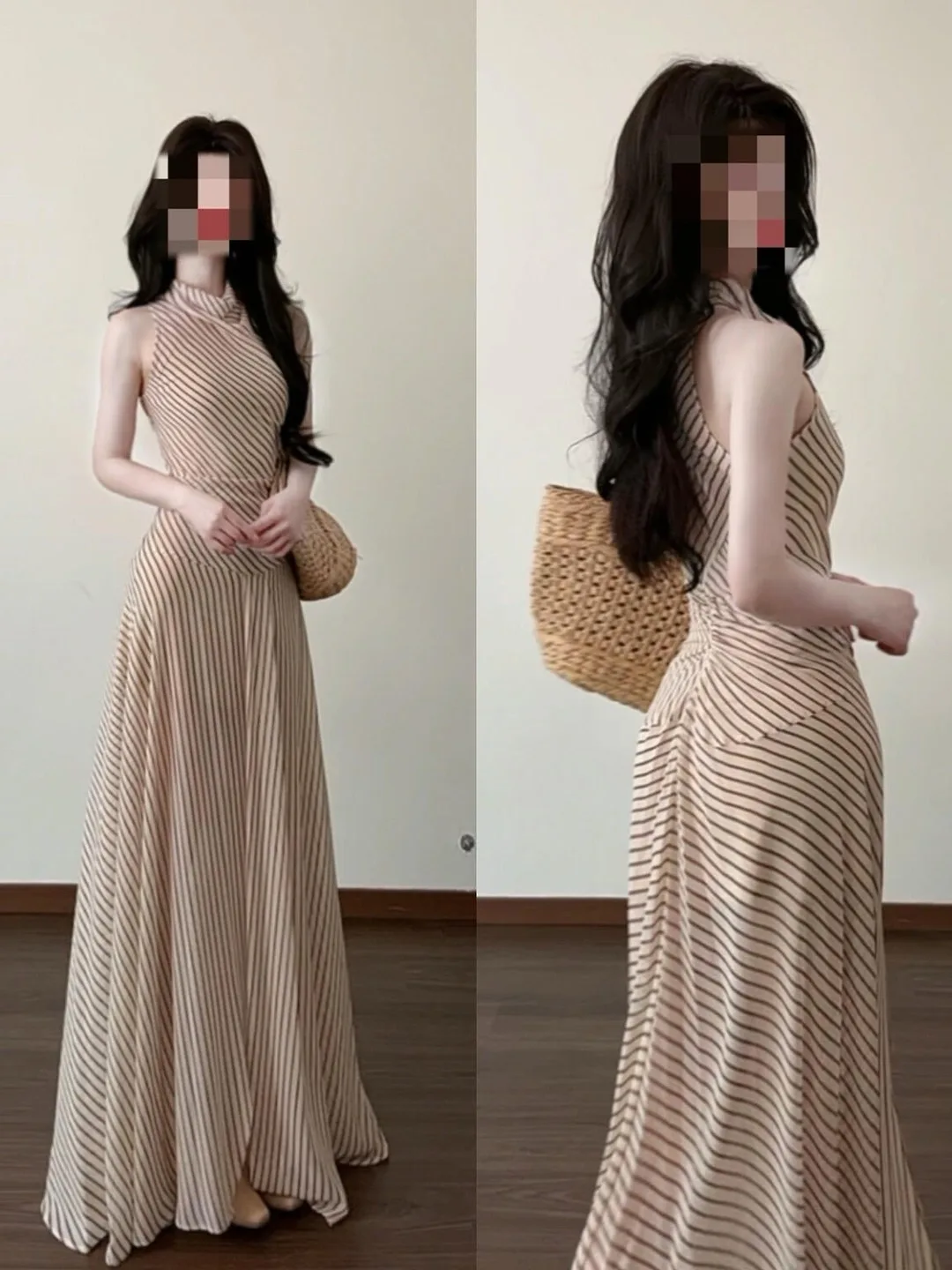 

Elegant Summer Wrap Neck Long Dress Women's Fashion Stripe Hanging Neckline Slim Fit French Style Casual Holiday Dress