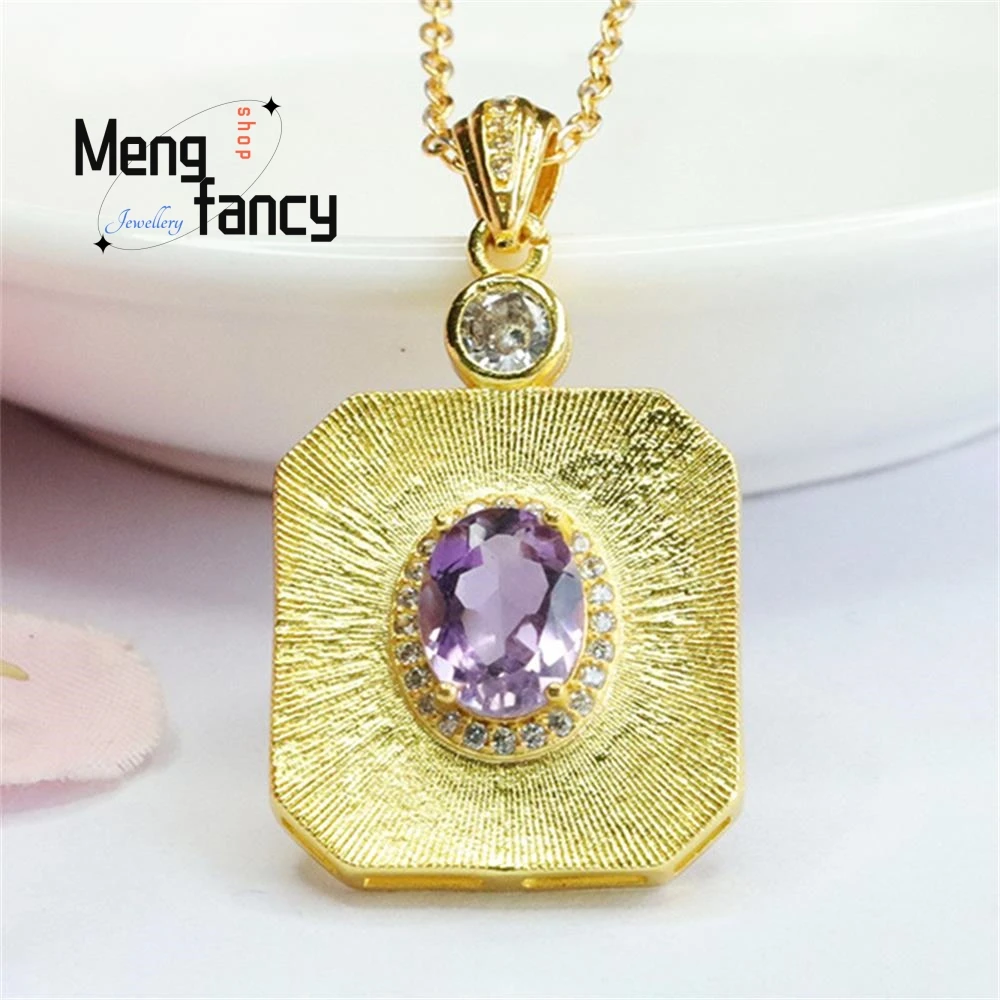 Natural Amethyst Purple Colour Treasure Aquare Pendant Exquisite Elegant Simple High-grade Necklace Fashion Jewelry Holiday Gift