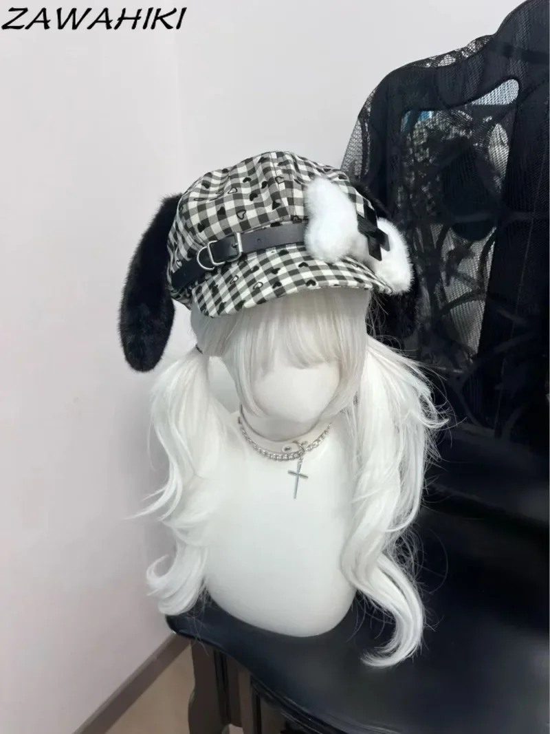 

Kawaii береты женские плюшевые костяные игрушки лоскутные шапки для женщин клетчатые милые уши дизайн Boinas Para Mujer модный элегантный берет шляпа