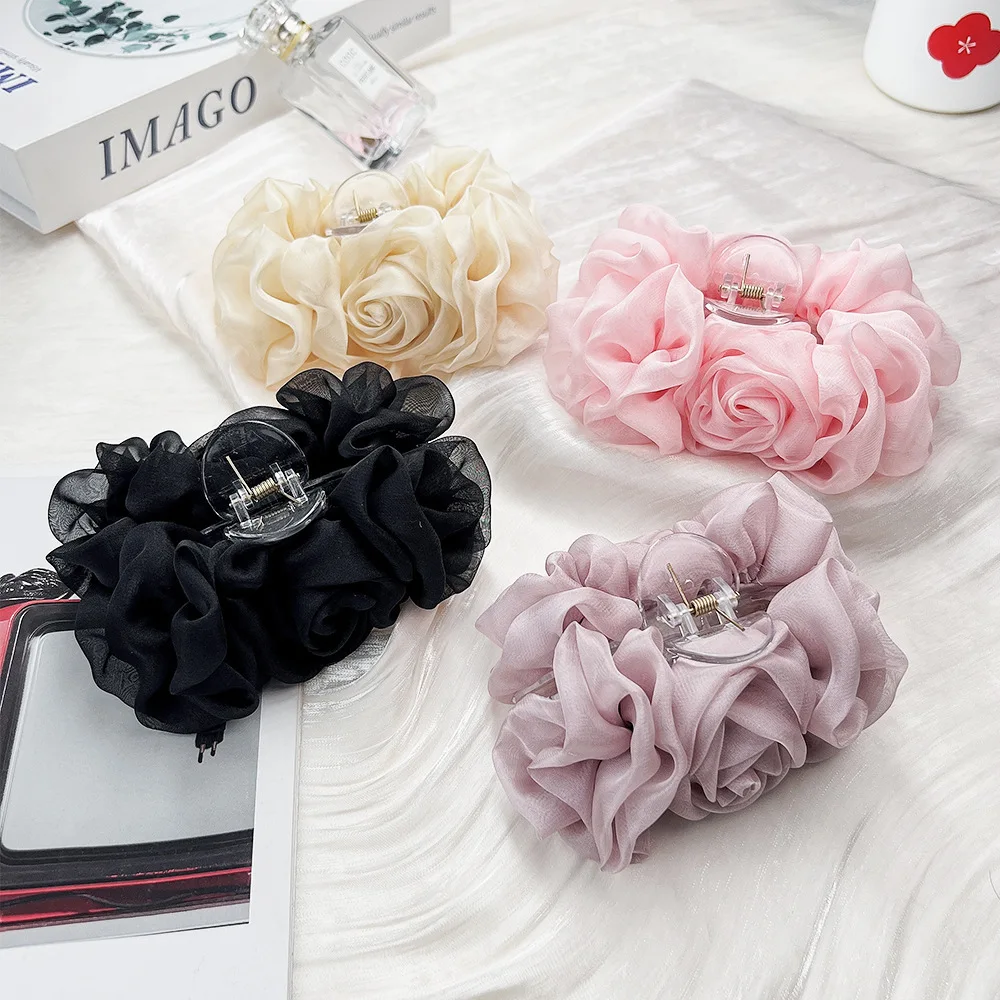 

2024 New Elegant Chiffon Rose Flower Hair Clip Large Size Plate Hair Claw Back Head Shark Clip Hair Accessories for Women 여성 헤어핀