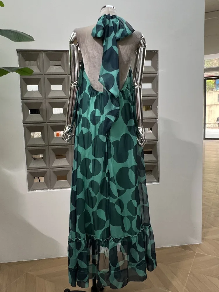 Sukienka damska DFDG na sezon resort 2025, zwiewna, z dekoltem typu halter, bez pleców, bez rękawów, z falbanami, warstwowa, długa, codzienna, w stylu boho, idealna na wakacje na plaży.