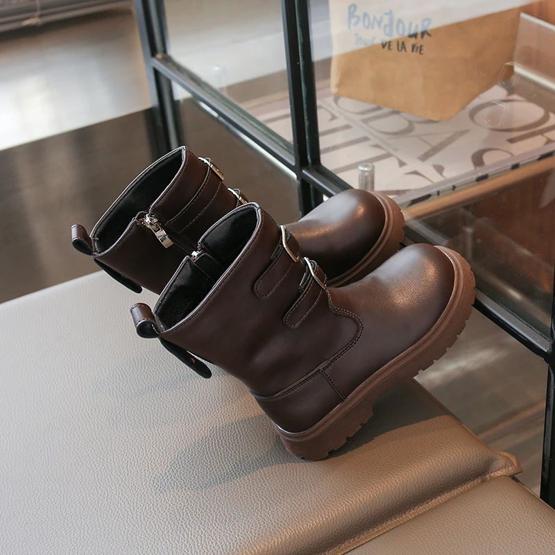 Kids Retro Mid‑Calf Leather‑Look Boots, D‑Ring Buckle Side Zipper Thick‑Sole Casual Boots