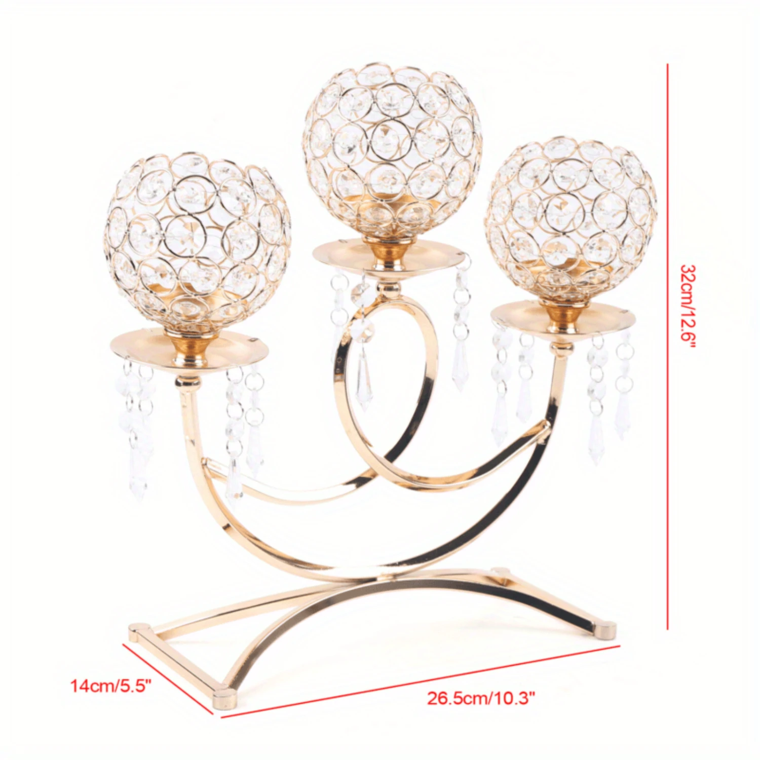 Gold Crystal 3-Arm Candle Holder - Elegant Dining Room Table Centerpiece Set for Luxurious  Decor