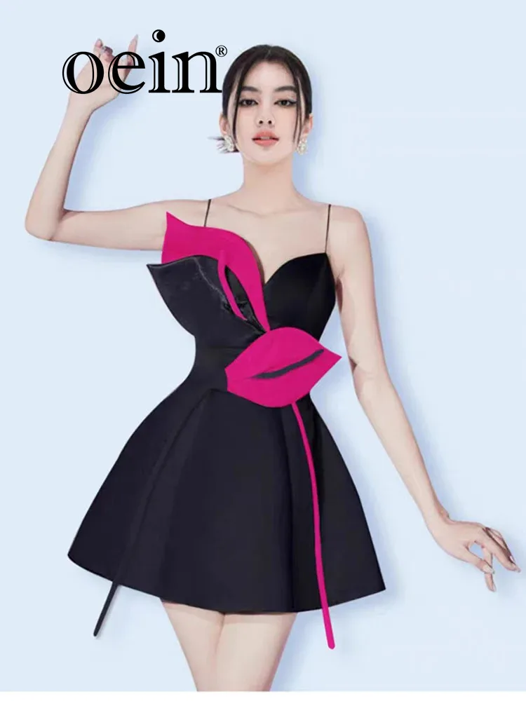 

[oein] Flower Design Sense, Bright Color Collision Splicing Dress, 2024 Summer Autumn Niche Suspender Slim Fit Small Black Dress