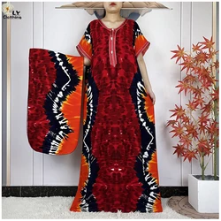 New Dubai Muslim Short Sleeve Dress 2024Women Loose Maxi Robe Cotton Fashion Print Floral Femme Dashiki African Abaya With Scarf