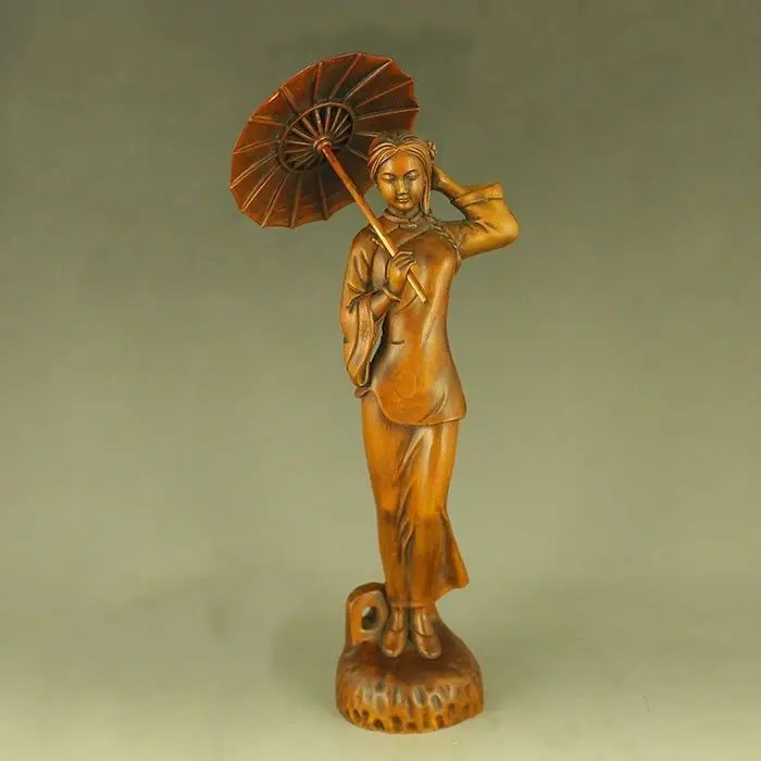 Hand Carved Wood Beautiful woman holding an umbrella Statue Figurine Desktop Ornaments Home Decoration Crafts Tea Pet Decor
