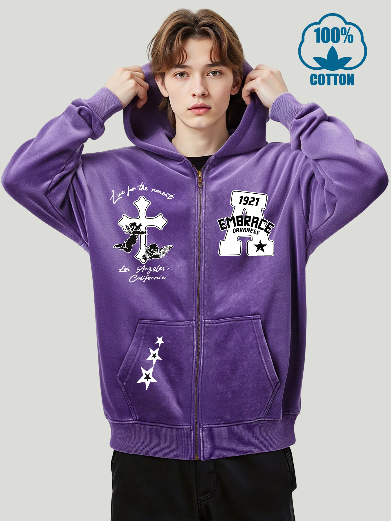 

1921 Emrace A пентаграмма с принтом, стираная толстовка на молнии, мужская модная потертая толстовка с капюшоном, винтажная свободная одежда, хлопковый повседневный топ унисекс